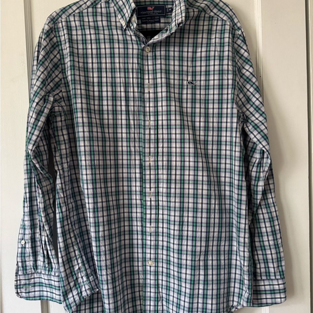 Vineyard Vines Men's Blue and Green Plaid Shirt